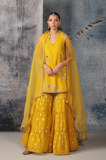 Mehrang Yellow Sleeveless Sharara Set