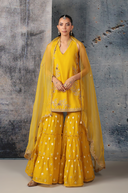 Mehrang Yellow Sleeveless Sharara Set