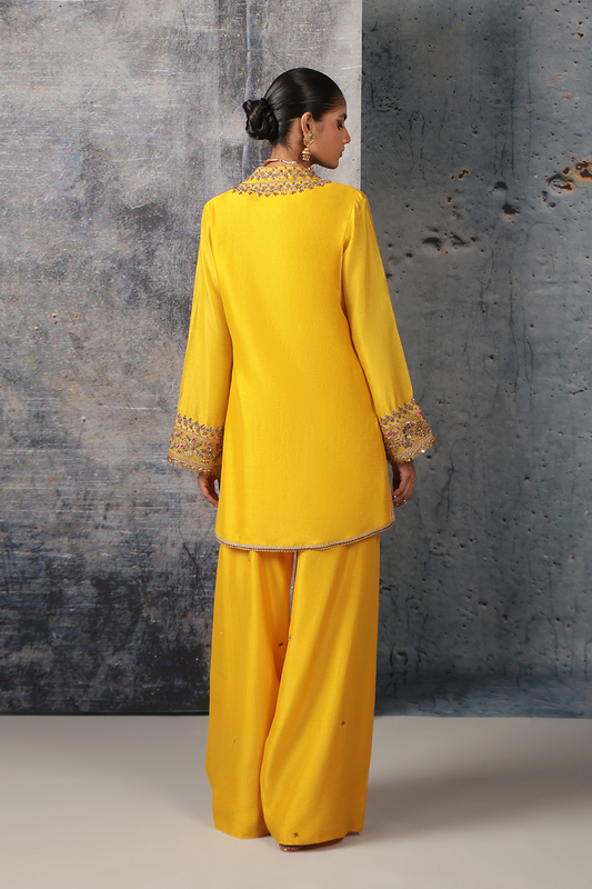 Mehrang Yellow V Neck Short Kurta Set