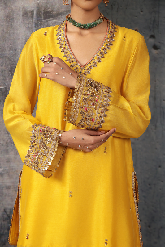 Mehrang Yellow V Neck Short Kurta Set