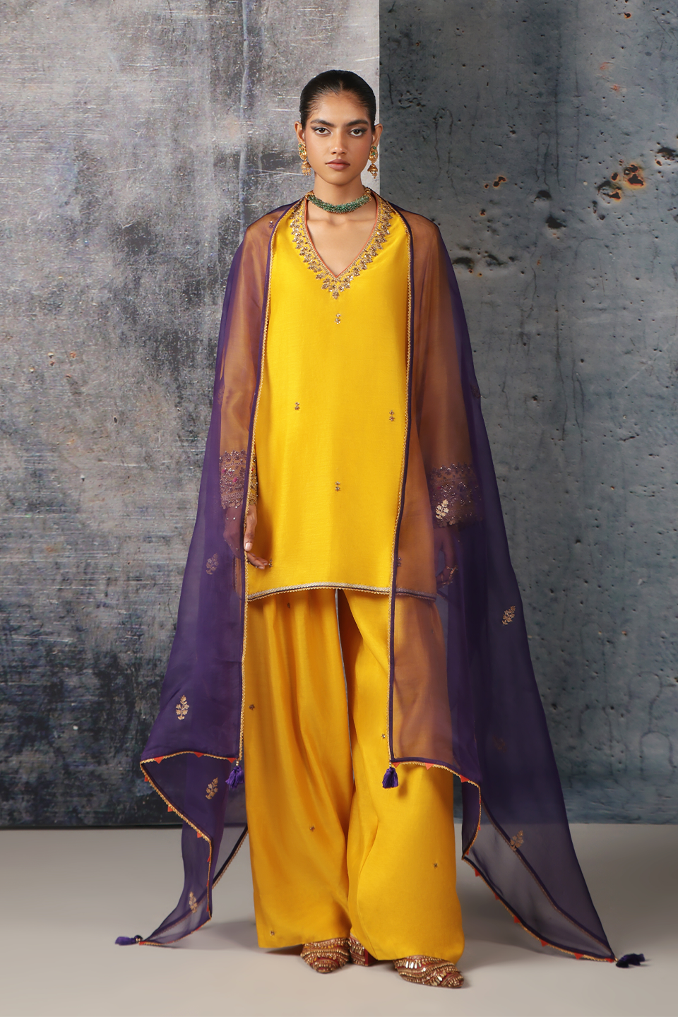 Mehrang Yellow V Neck Short Kurta Set