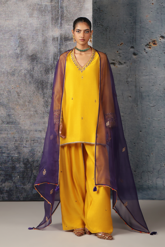 Mehrang Yellow V Neck Short Kurta Set