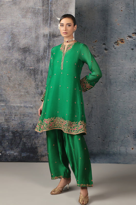 Zar:Rang Green Short Pheran Kurta Set