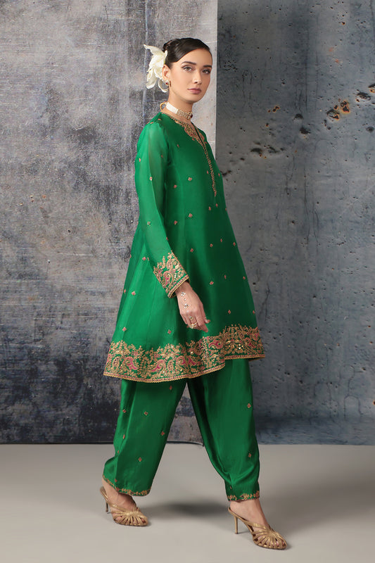 Zar:Rang Green Short Pheran Kurta Set