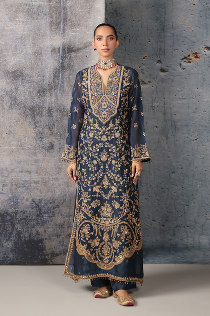 Zar:Rang Blue Long Jaal Kurta Set