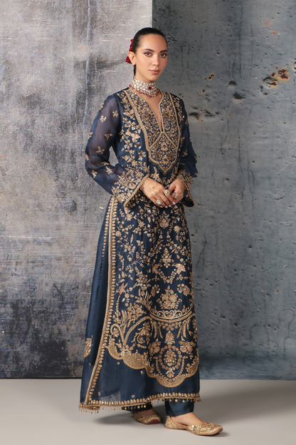 Zar:Rang Blue Long Jaal Kurta Set