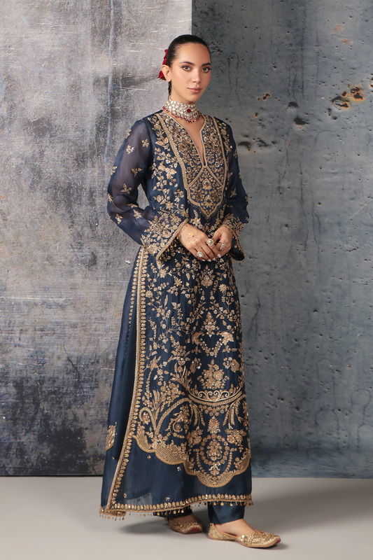 Zar:Rang Blue Long Jaal Kurta Set