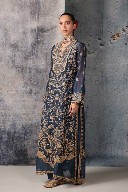 Zar:Rang Blue Long Jaal Kurta Set