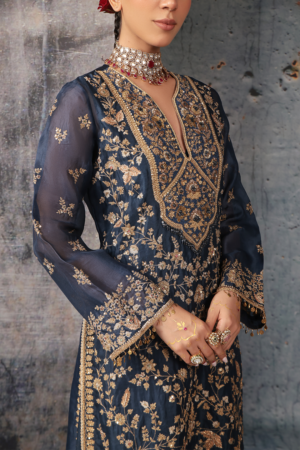 Zar:Rang Blue Long Jaal Kurta Set
