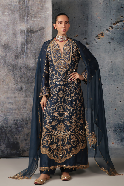 Zar:Rang Blue Long Jaal Kurta Set
