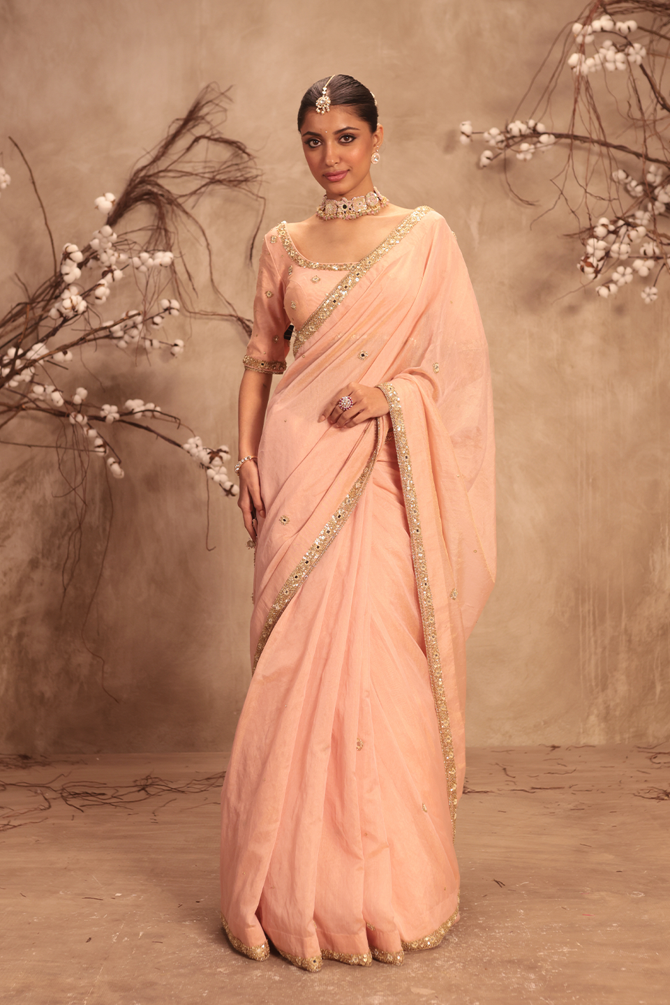 Nazakat Light Pink Mirror Work Scallop Saree Set