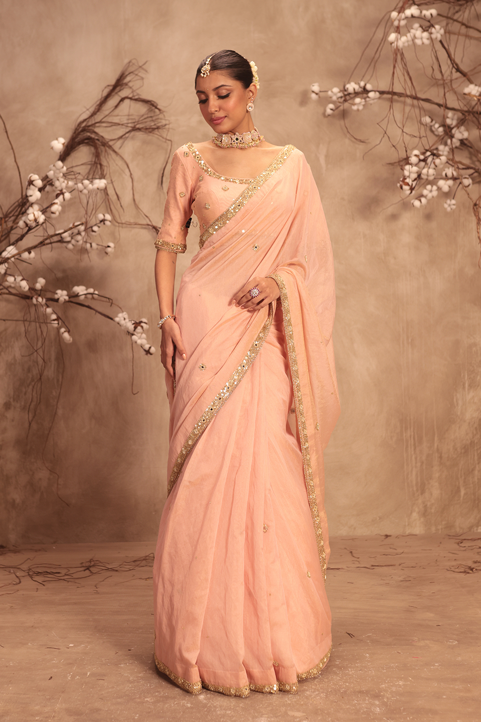 Nazakat Light Pink Mirror Work Scallop Saree Set
