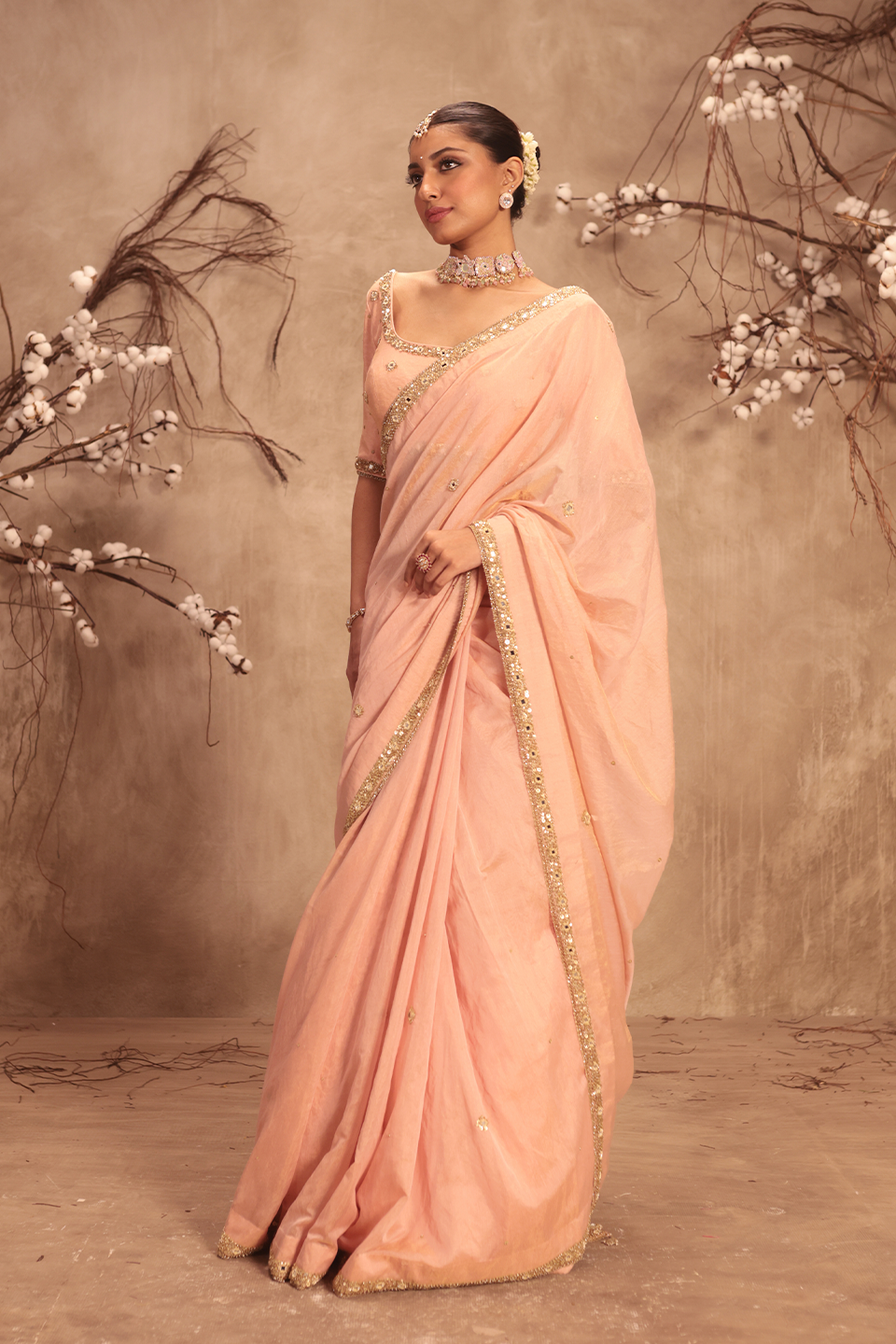 Nazakat Light Pink Mirror Work Scallop Saree Set