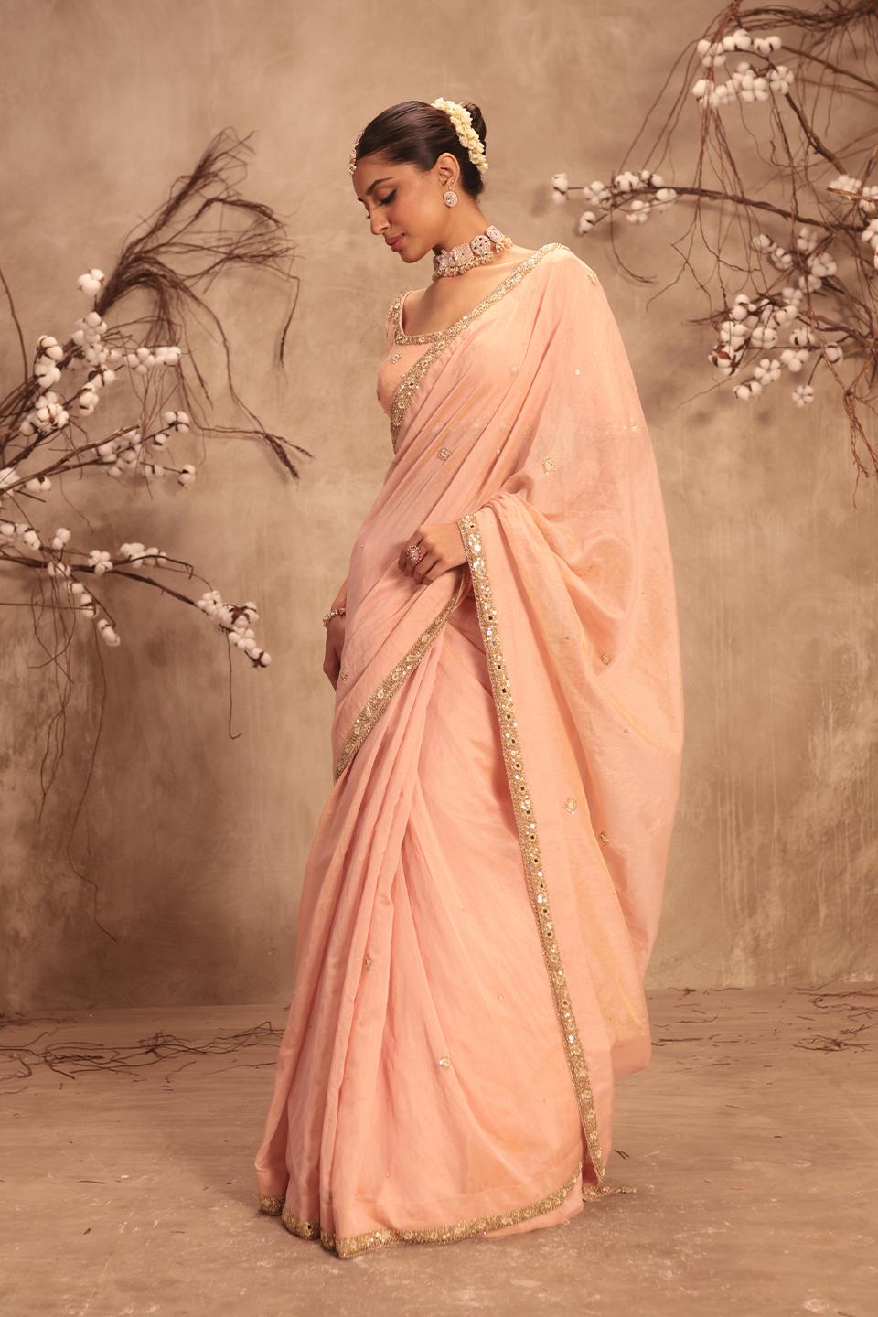 Nazakat Light Pink Mirror Work Scallop Saree Set