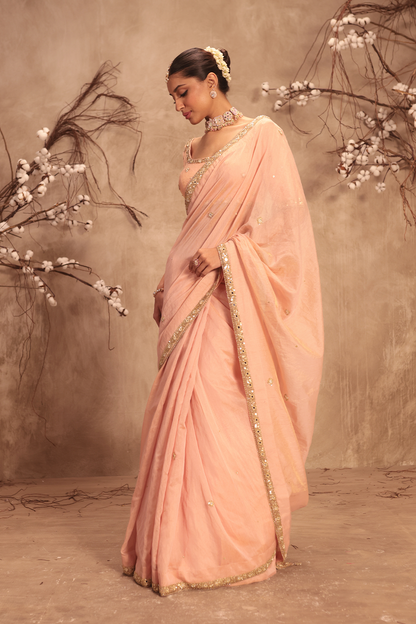 Nazakat Light Pink Mirror Work Scallop Saree Set