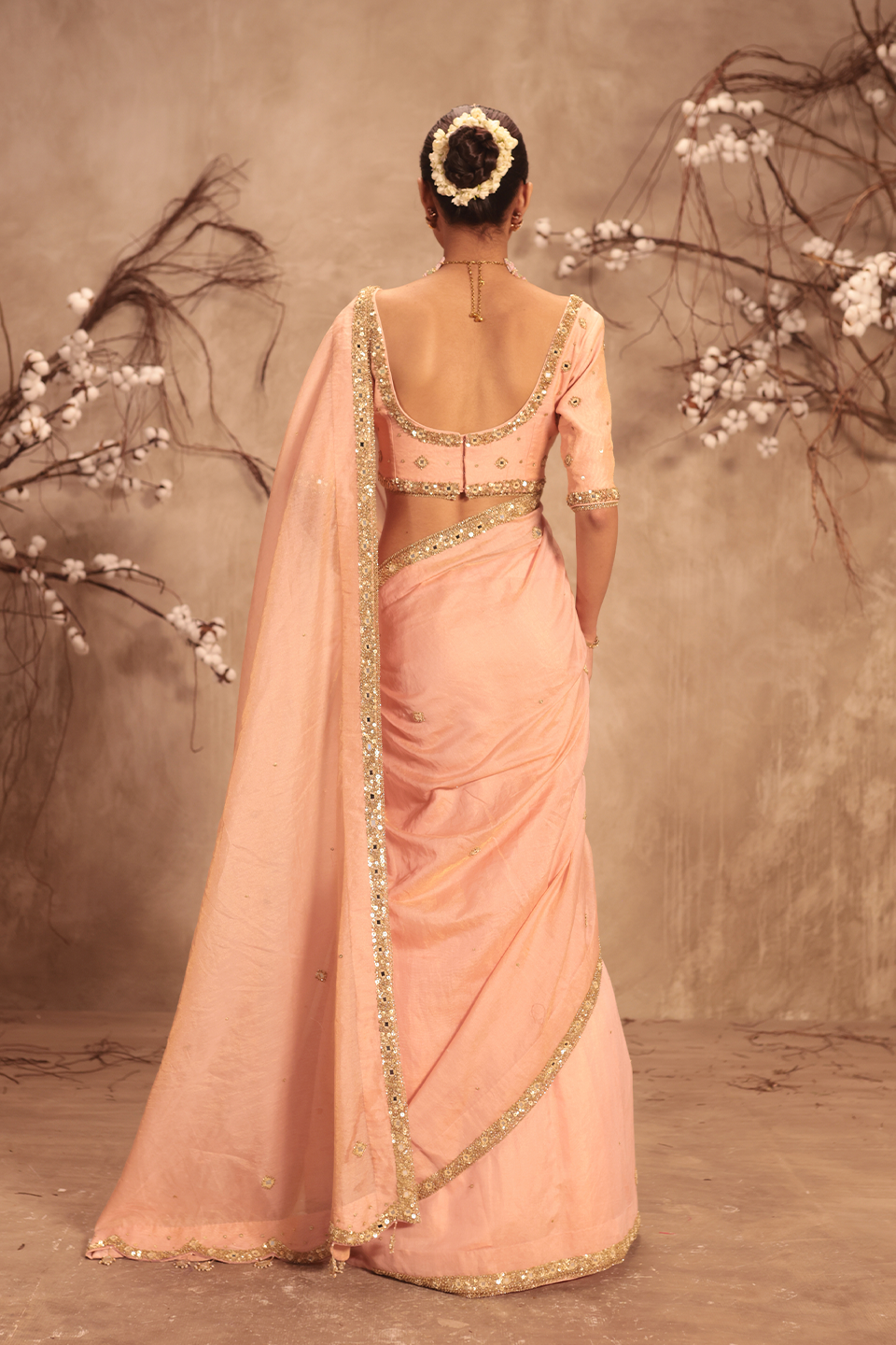 Nazakat Light Pink Mirror Work Scallop Saree Set