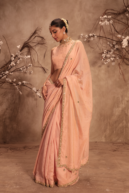 Nazakat Light Pink Choker Neck Scallop Saree Set