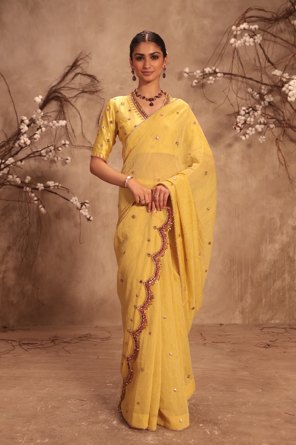 Nazakat Multicolor Yellow Scallop Saree Set