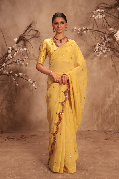 Nazakat Multicolor Yellow Scallop Saree Set