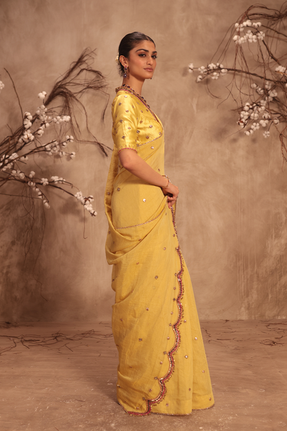 Nazakat Multicolor Yellow Scallop Saree Set