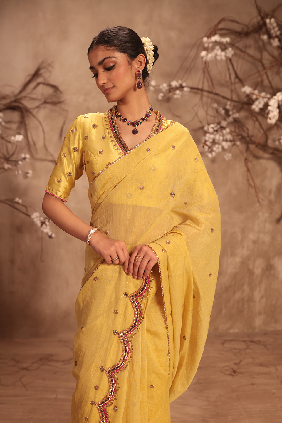 Nazakat Multicolor Yellow Scallop Saree Set