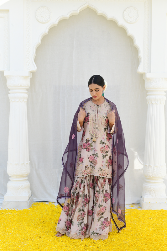 Ivory Floral Rose Print Sharara