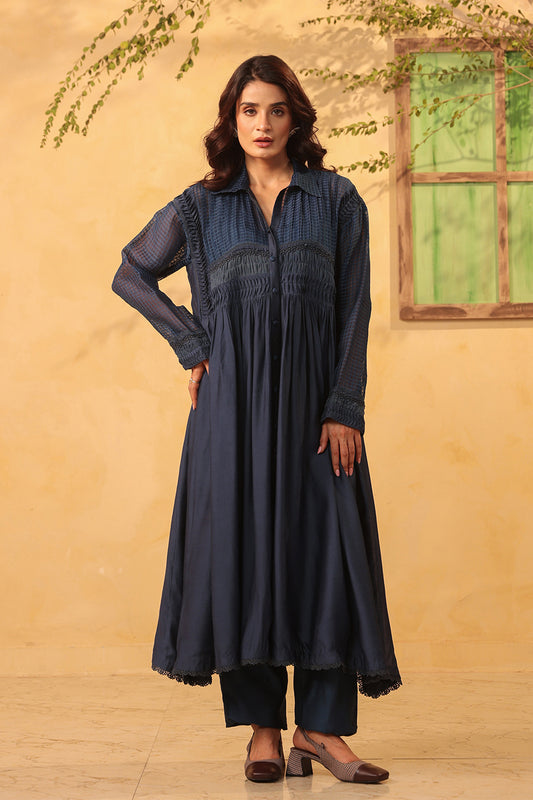 Vaayu Dark Blue Pintuck Collar Kurta Set