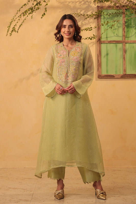 Vaayu Green  Applique Yoke Kurta Set