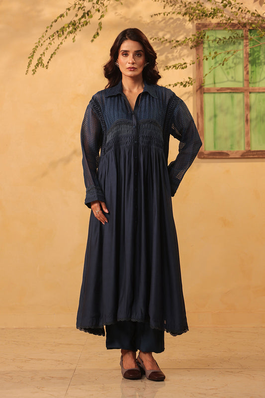 Vaayu Dark Blue Pintuck Collar Kurta Set