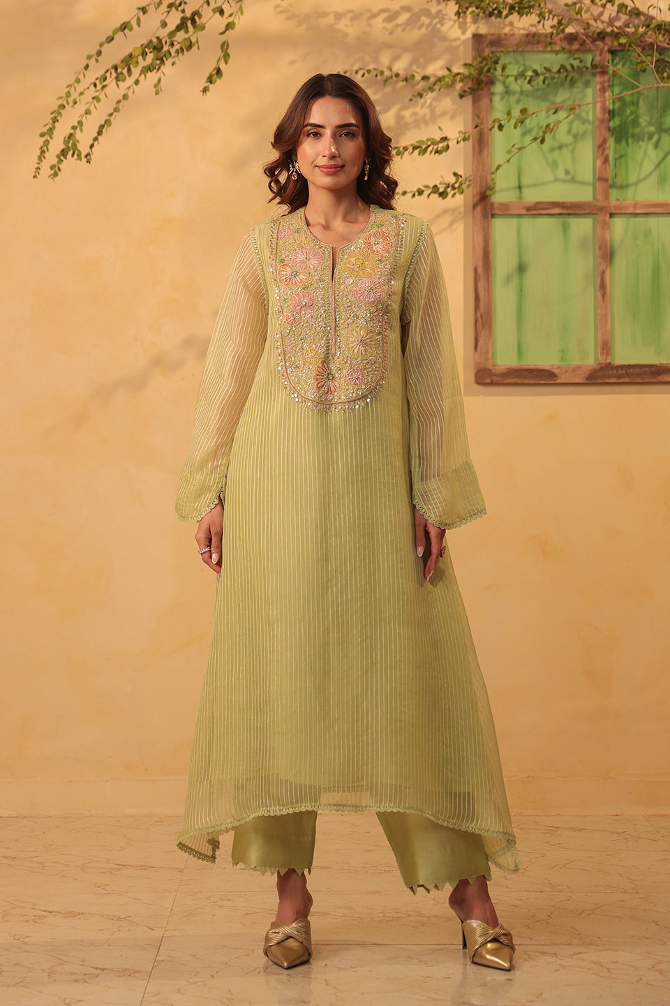 Vaayu Green  Applique Yoke Kurta Set