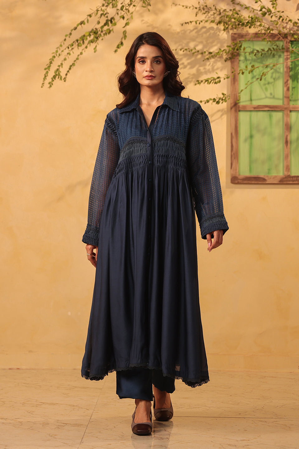 Vaayu Dark Blue Pintuck Collar Kurta Set