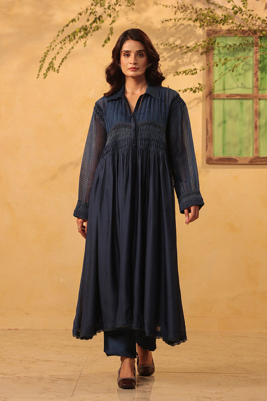 Vaayu Dark Blue Pintuck Collar Kurta Set