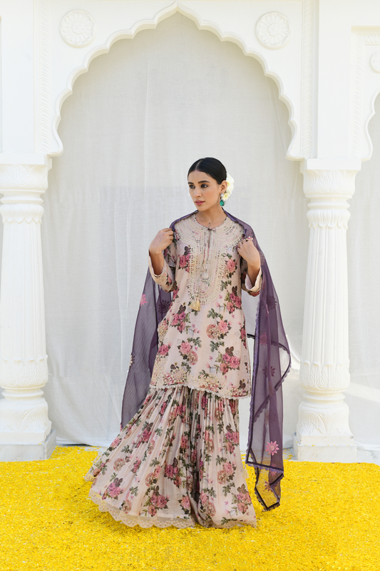 Ivory Floral Rose Print Sharara