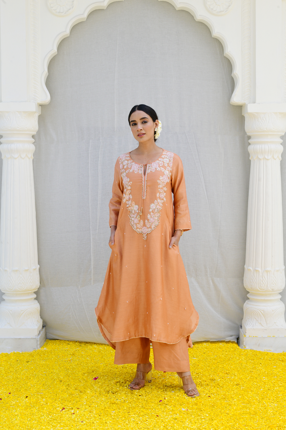 Peach Roselyn Neck Embroidery Kurta Set