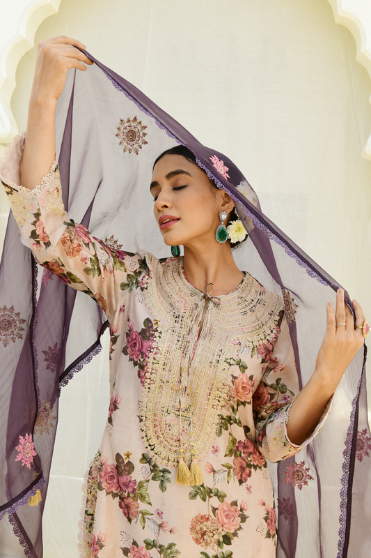Ivory Floral Rose Print Sharara