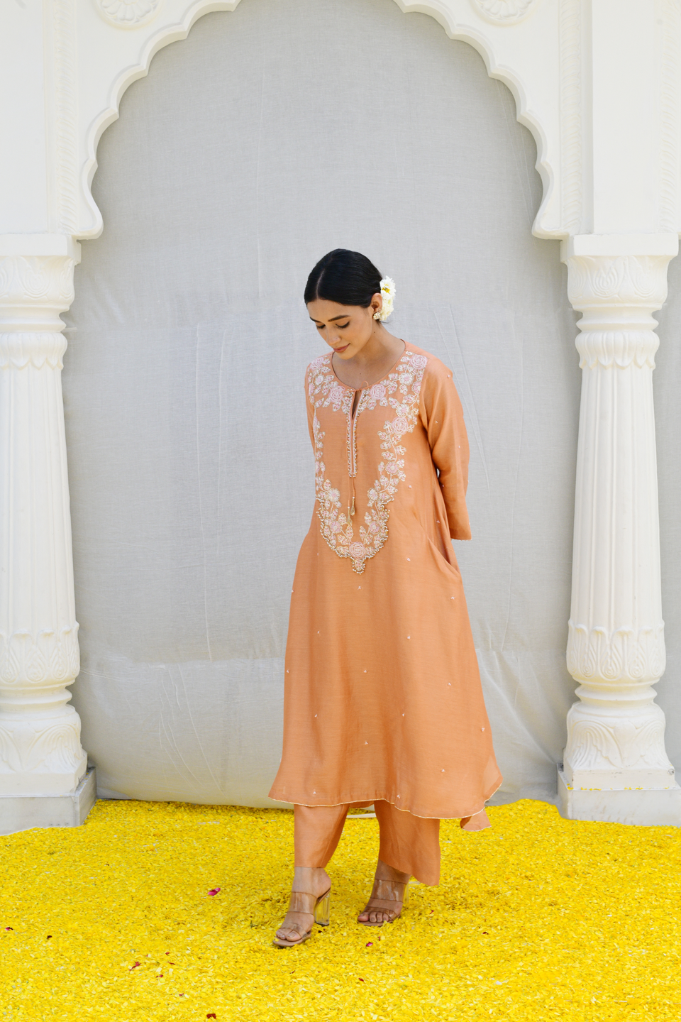 Peach Roselyn Neck Embroidery Kurta Set