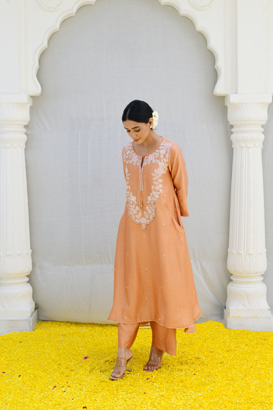 Peach Roselyn Neck Embroidery Kurta Set