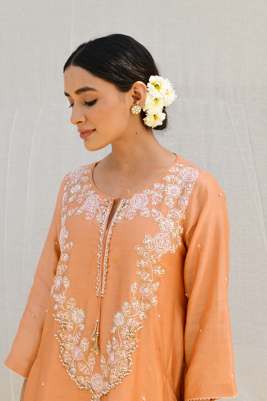Peach Roselyn Neck Embroidery Kurta Set