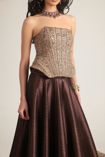 Zar:Rang Brown Corset Quilted Lehenga Set