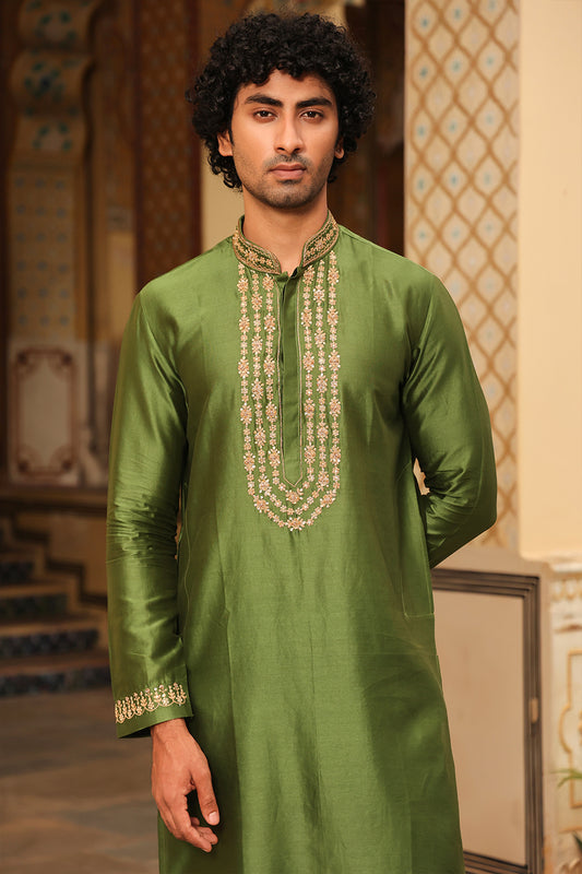 Ahista Green Tikki Embroidered Neckline Kurta Set