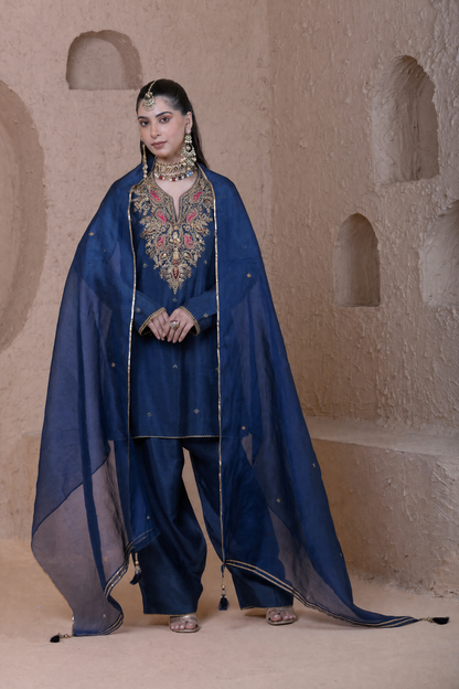 Rangrez  Blue Heavy Neck Short Kurta Set