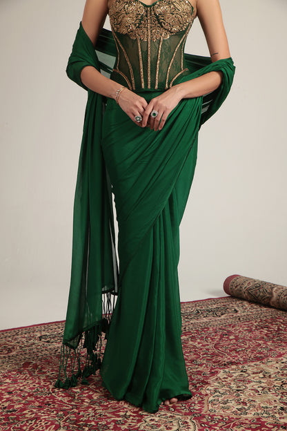 Zar:Rang Green Zardosi Corset Saree Set