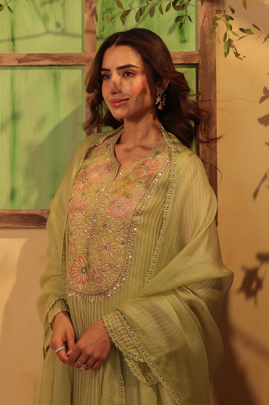 Vaayu Green  Applique Yoke Kurta Set