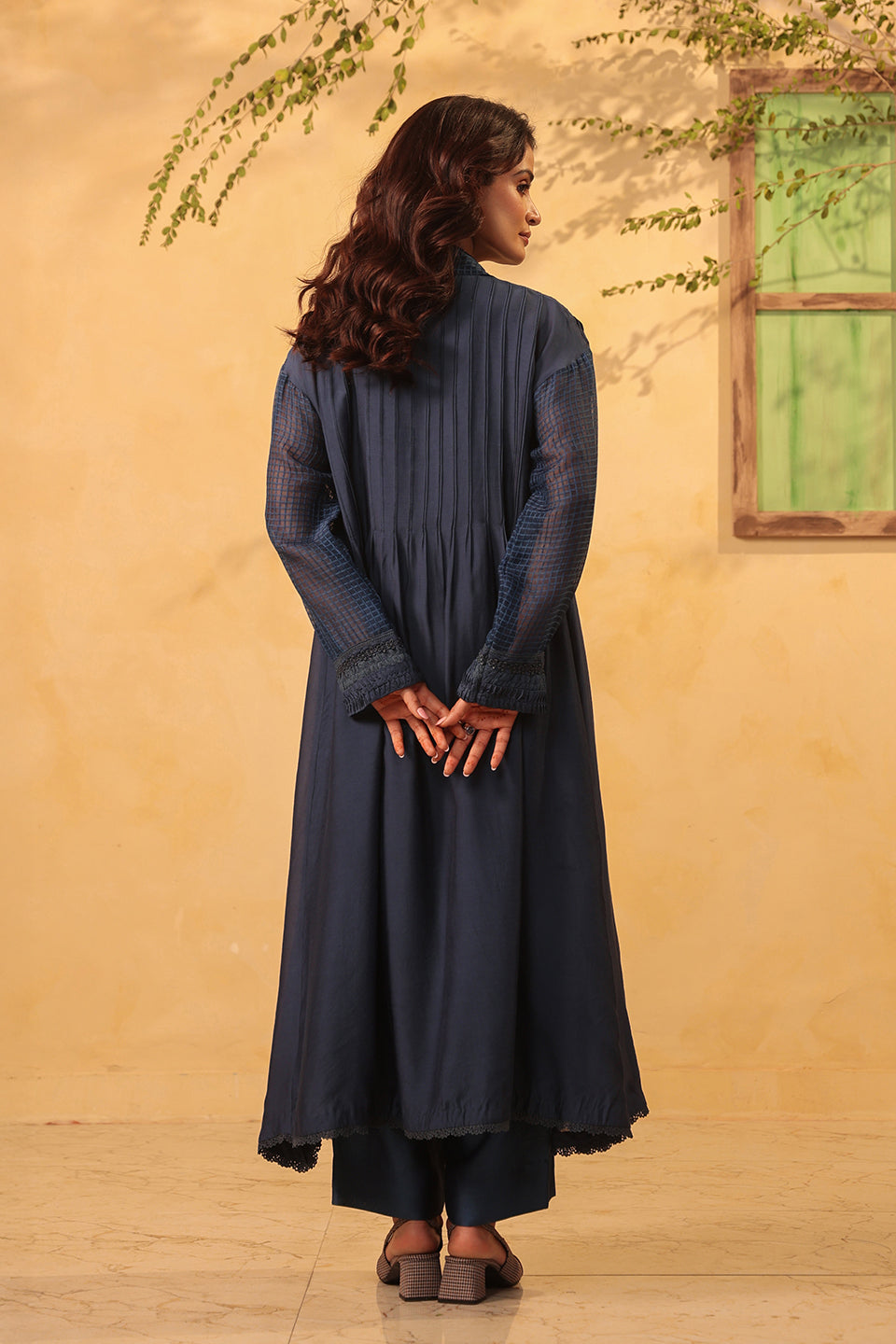 Vaayu Dark Blue Pintuck Collar Kurta Set