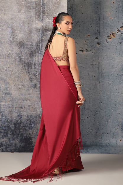 Zar:Rang Maroon Fringe Saree Set