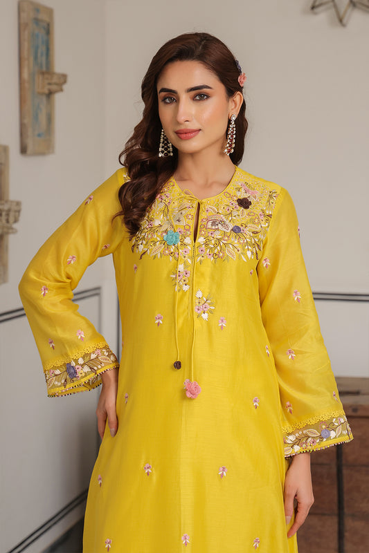 Gulzar Yellow Choker Neck Kurta Set