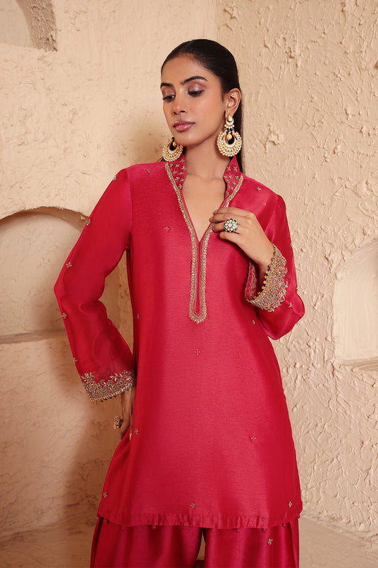 Mehrang Red Short Buti Kurta Set