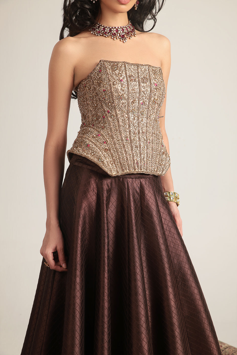 Zar:Rang Brown Panelled Corset Quilted Lehenga Set