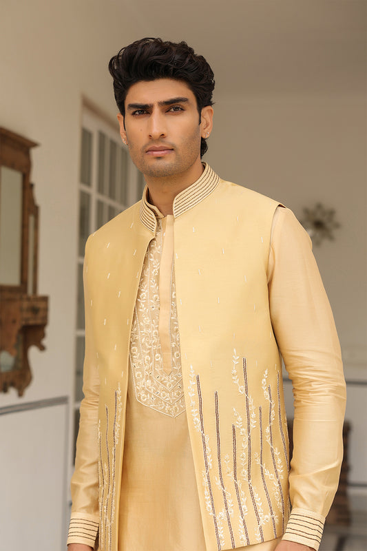 Gulzar Beige Floral Embroidered Bandi Kurta Set