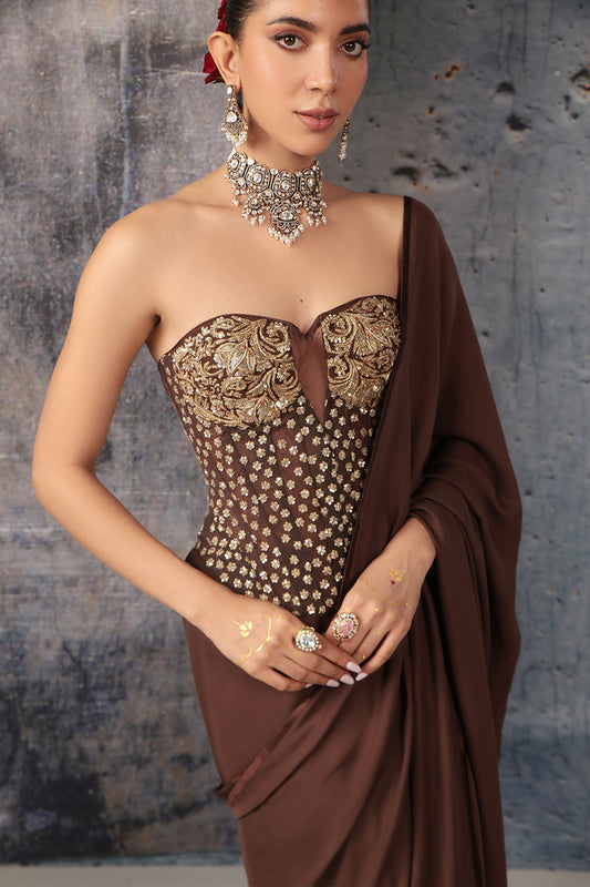 Zar:Rang Brown Corset Saree Set